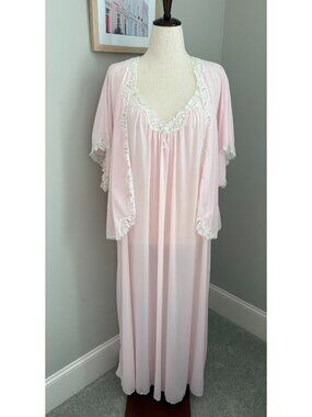 Vintage Shadowline Peignoir Set Pink 1X Plus Robe Gown Nylon Lace Complete